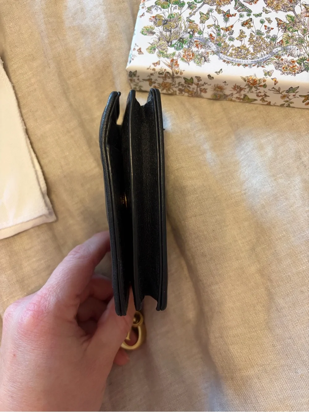 Dior Black Quilted Card Holder with Gold Charm